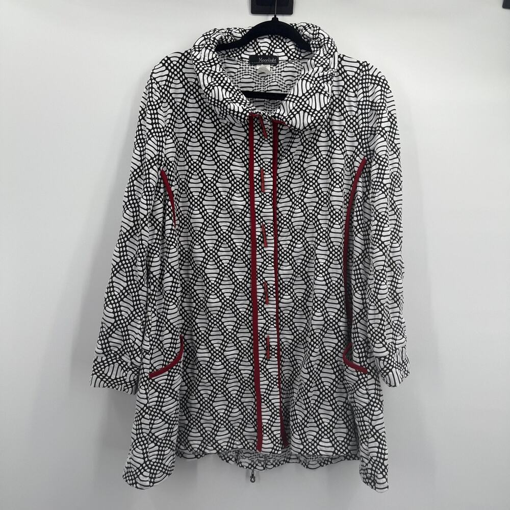 Moonlight Jacket Womens Large Black White Geometric Print Red Trim Zip Lagenlook